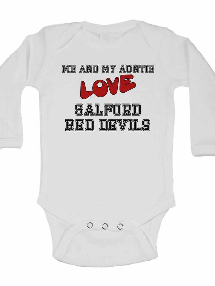 Me and My Auntie Love Salford Red Devils - Long Sleeve Baby Vests for Boys & Girls for wholesale by Little Ratbag