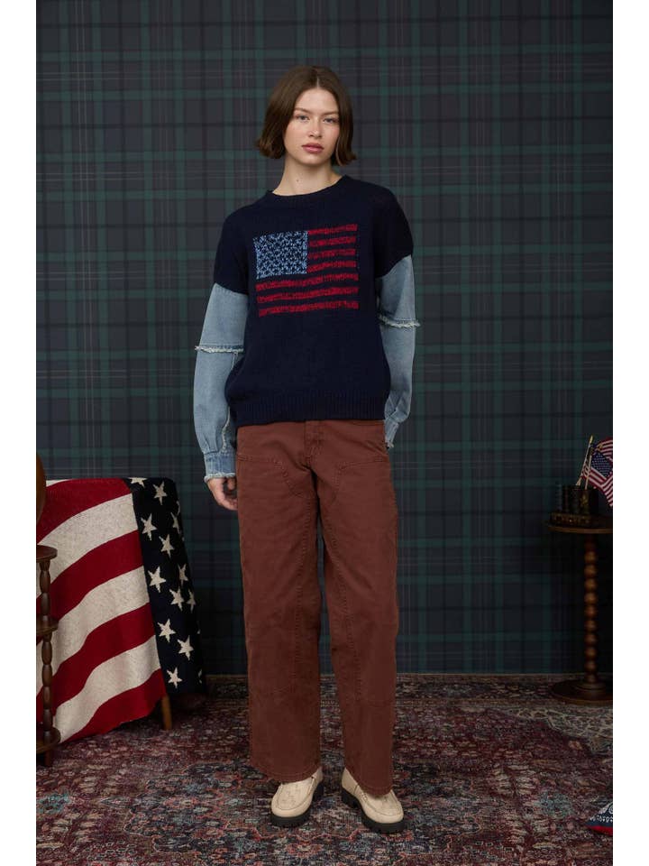 J.O.A - Wholesale Knit Sweater - Women's - AMERICAN FLAG DISTRESSED DENIM SLEEVE KNIT SWEATER4