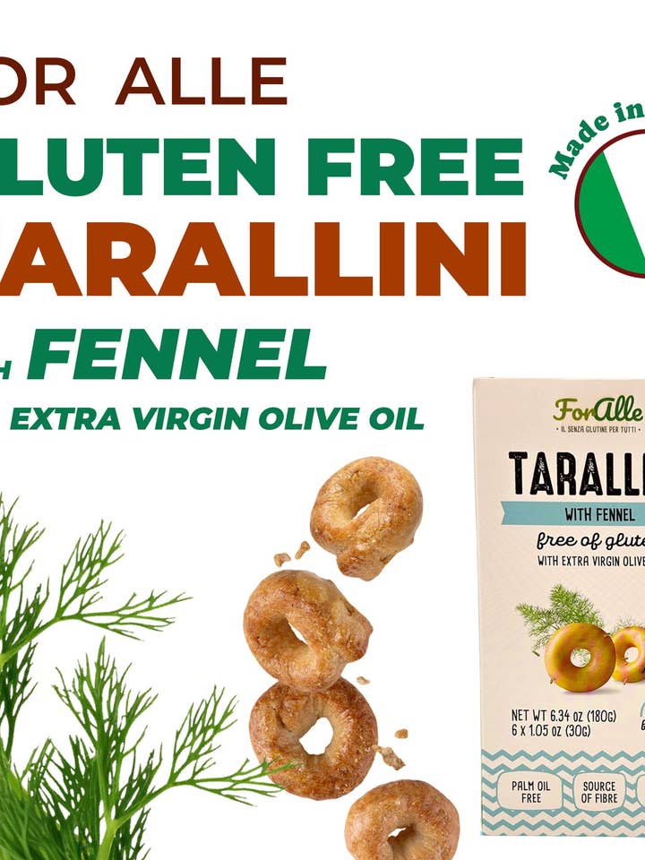 For Alle Gluten-Free Tarallini with Fennel and Extra Virgin Olive Oil, 6x1.05 oz (6.34 oz) – Oven-Baked. Vegan. Cholesterol-Free. for wholesale by Food To Live