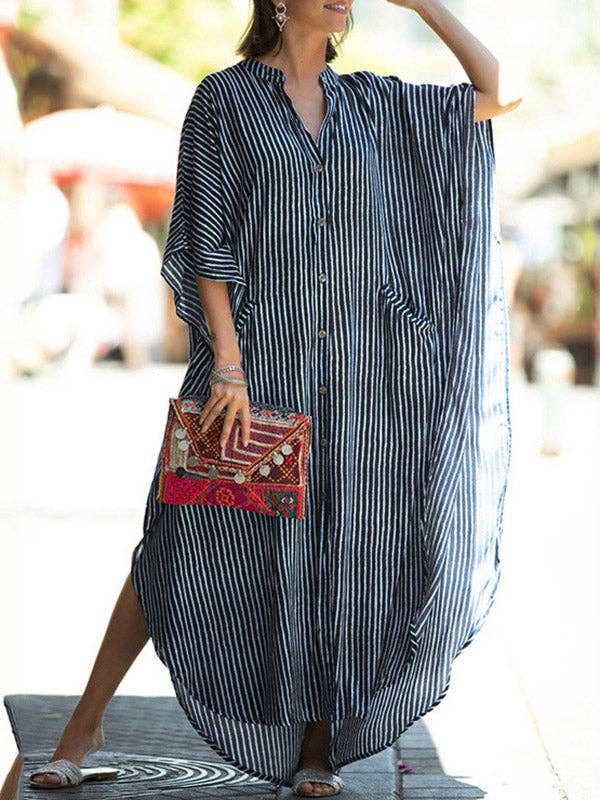 Sheer Trend - Wholesale Dress - Women's - Batwing Sleeves Half Sleeves Buttoned Pockets Striped Round-Neck Beach Cover-Up Maxi Dresses8