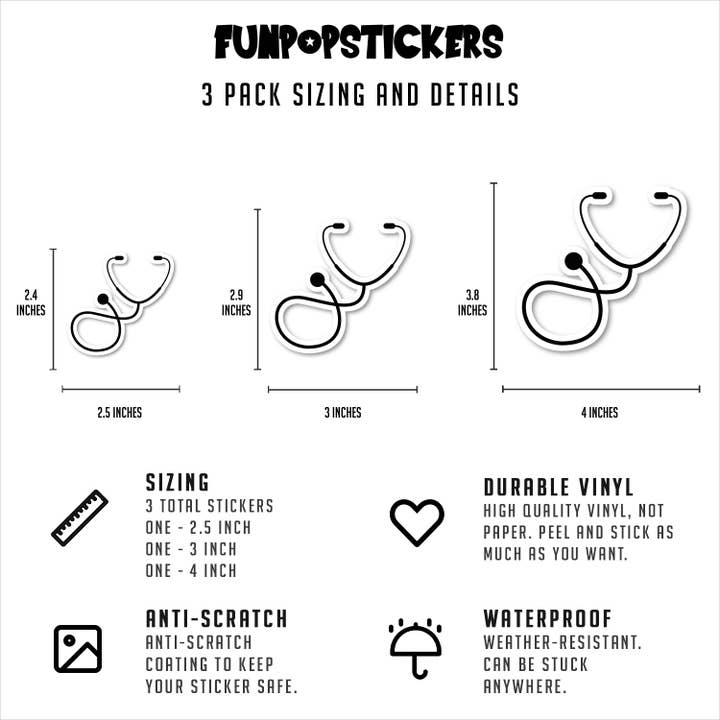 FunPopStickers – wholesale Sticker – Stethoscope Medical Doctor Laptop Stickers Phone Stickers 3 Pack - Set of 2.5, 3 and 4 Inch Vinyl Laptop Stickers - Laptop Stickers Phone Stickers for Laptop, Phone, Water Bottle, Car & More Decal (3 Pack)1