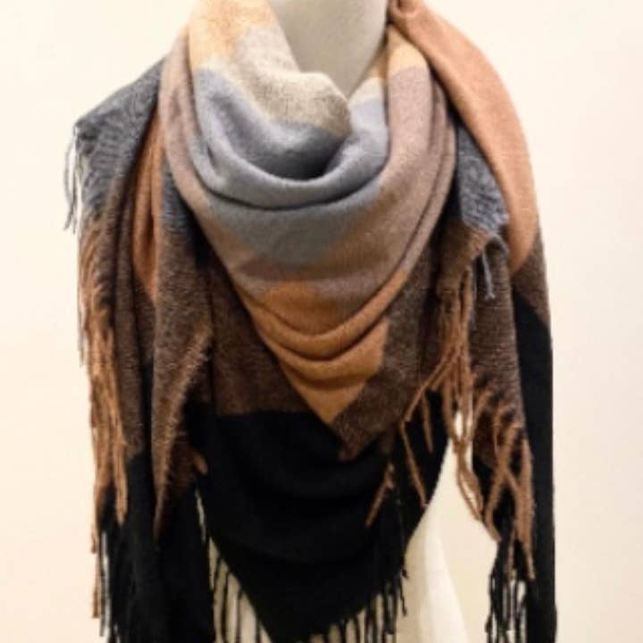 LINETA - Wholesale Sjaal - Dames - HG-35 Grote vierkante sjaal met ruitpatroon en lange franjes2