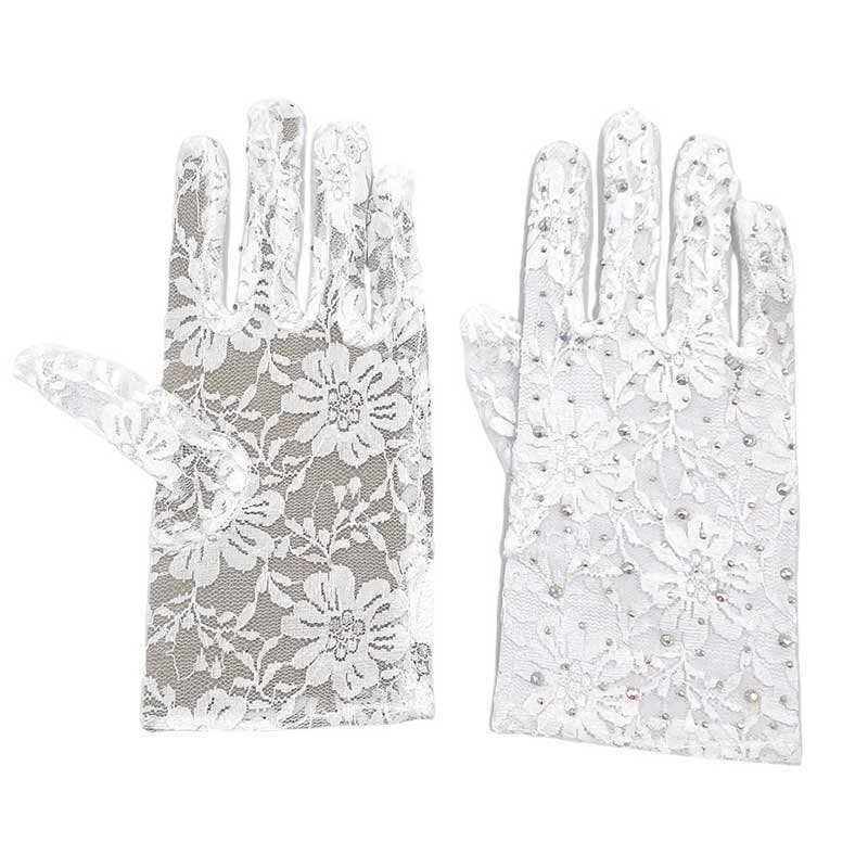 White Stone Embellished Floral Lace Dressy Wedding Gloves for wholesale on Faire2
