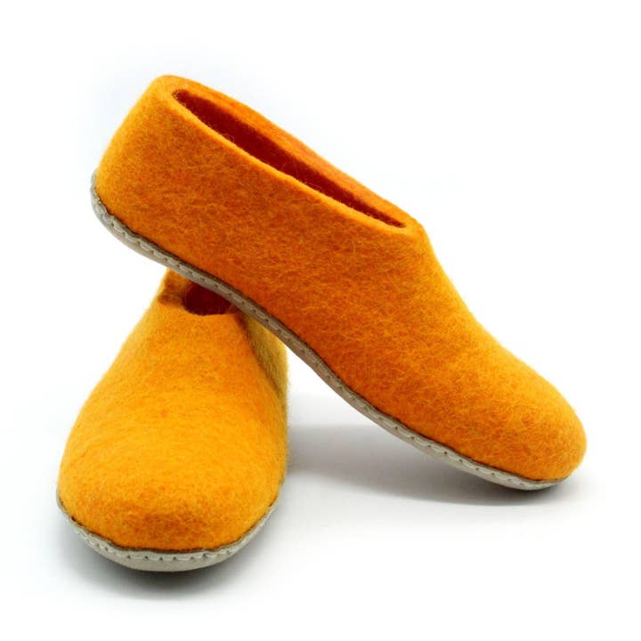 Handmade Burnt Orange Wool Slippers: Felted Indoor Shoes for wholesale by Woollyfelt