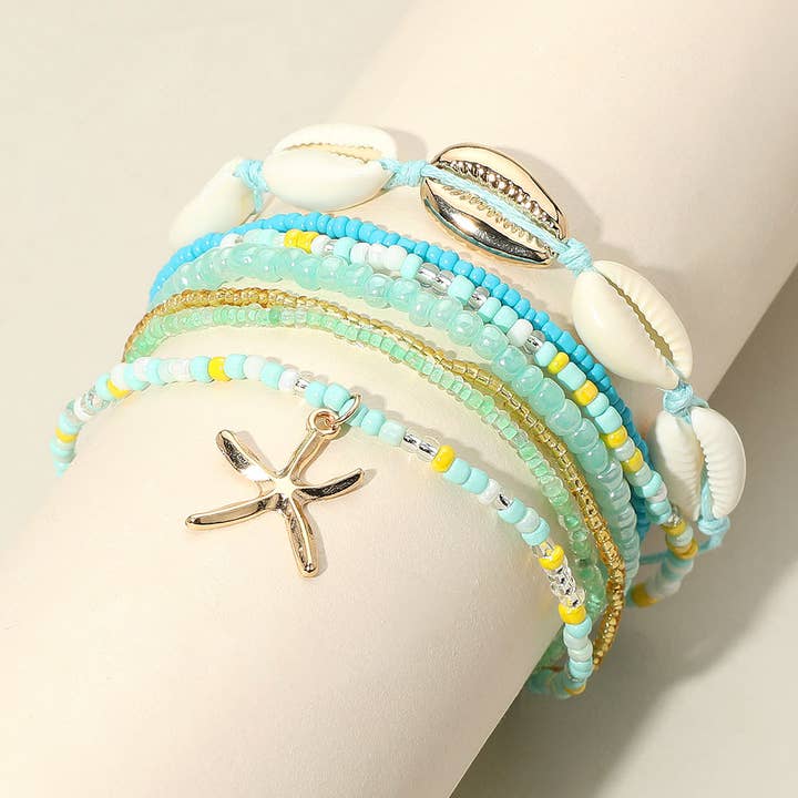Sensibling Corp. – wholesale Jewellery set – 6PCS - Starfish Charm Accented Conch Shell Seed Beaded Multi Layered Anklets15