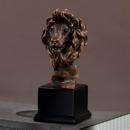 KSR Designs - Wholesale Sculpture - Bronze Finish Lion Head Sculpture on Base, 9"H x 3.50"W1