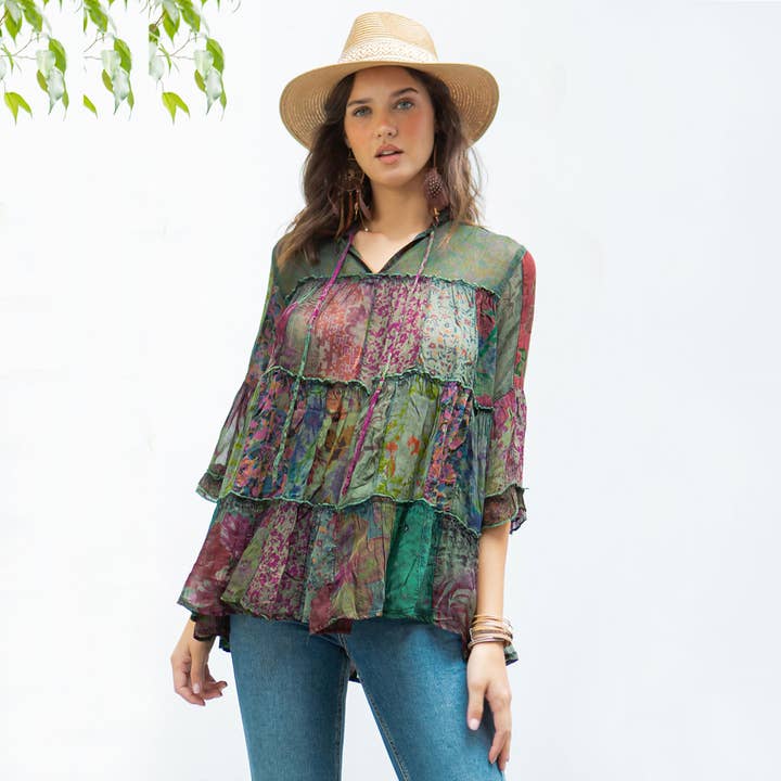Young Threads - Wholesale Blouse - Women's - Chic Overdyed Band Collar Jhabla Top