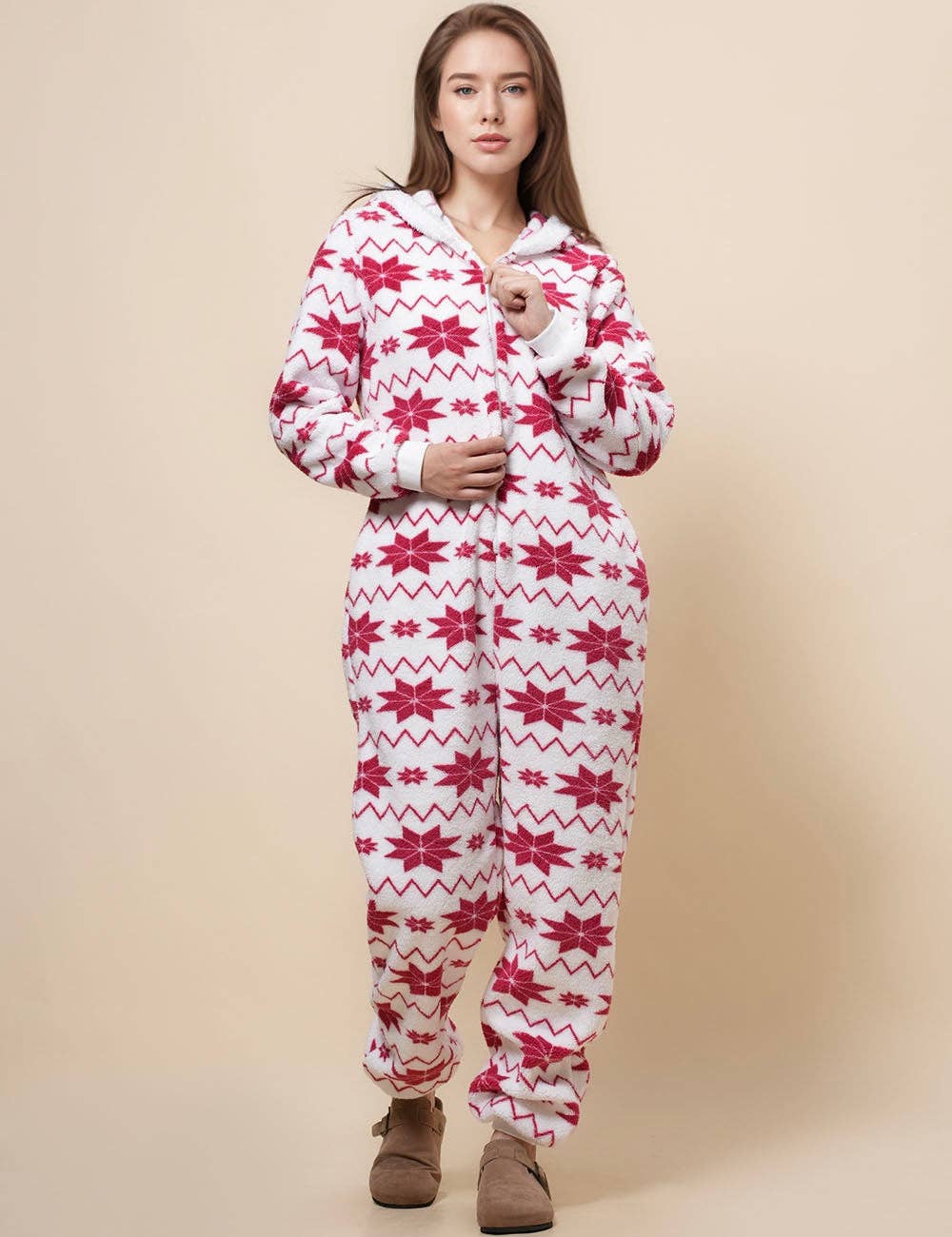 White Ladies Snow Color Block Fleece Jumpsuit Hooded Overall SKJ4924 for wholesale on Faire9