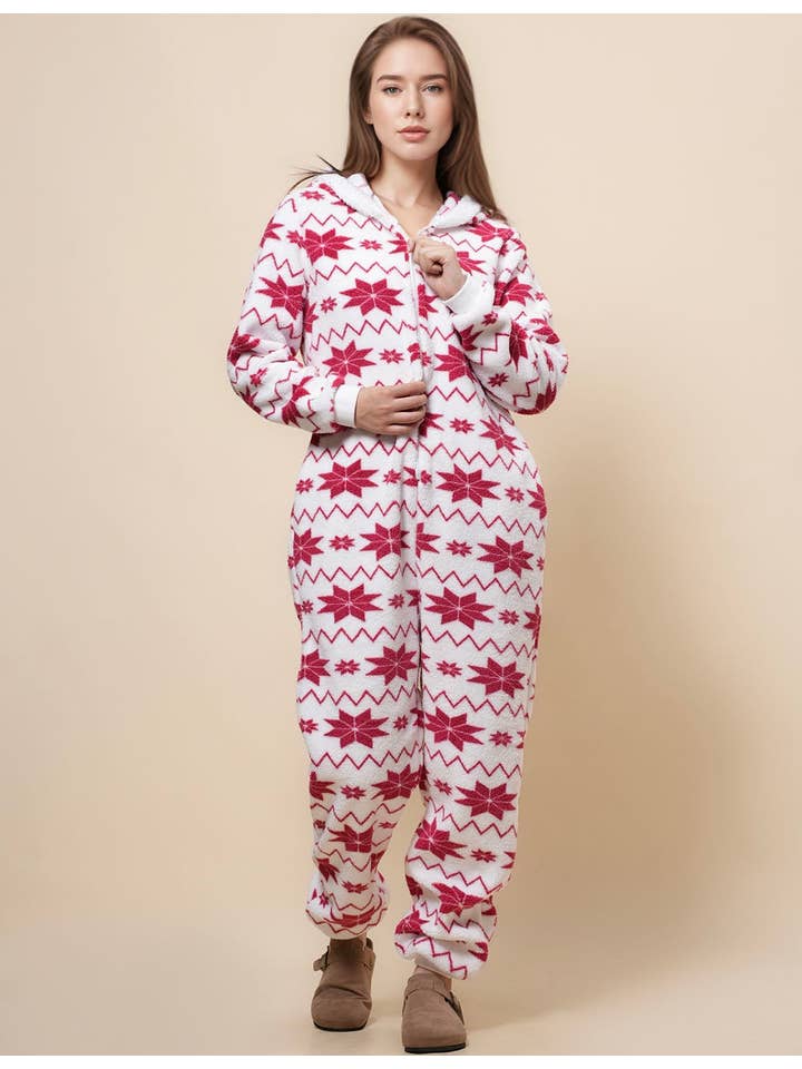 White Ladies Snow Color Block Fleece Jumpsuit Hooded Overall SKJ4924 for wholesale on Faire9