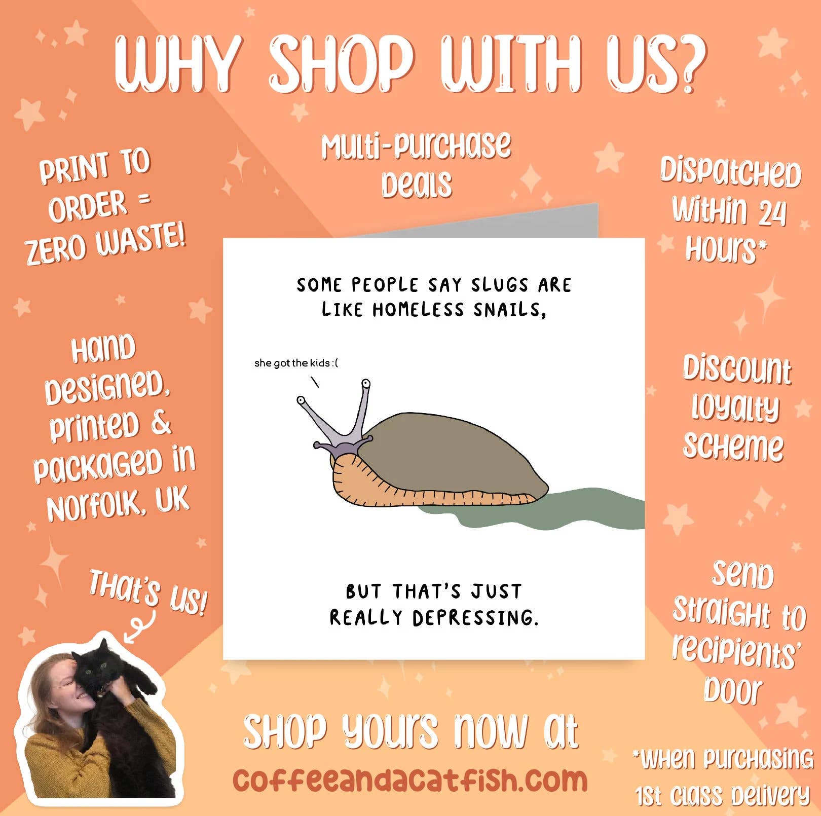 Coffee and a Catfish – wholesale Birthday card – The Snail | Funny Greeting Card1