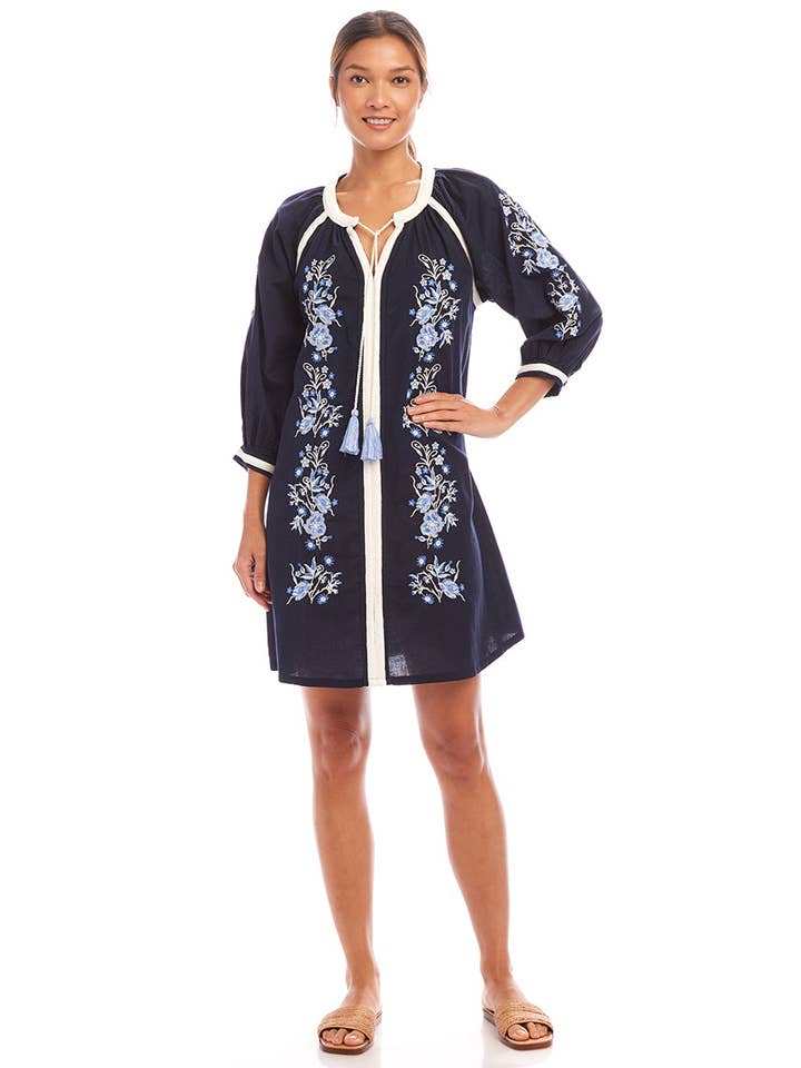 Navy Blouson Sleeve Embroidered Peasant Dress for wholesale on Faire
