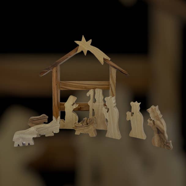 Olivenholz-Laubsägekrippe und ein Mini-Offenstall für den Großhandel von Holy Land Imports