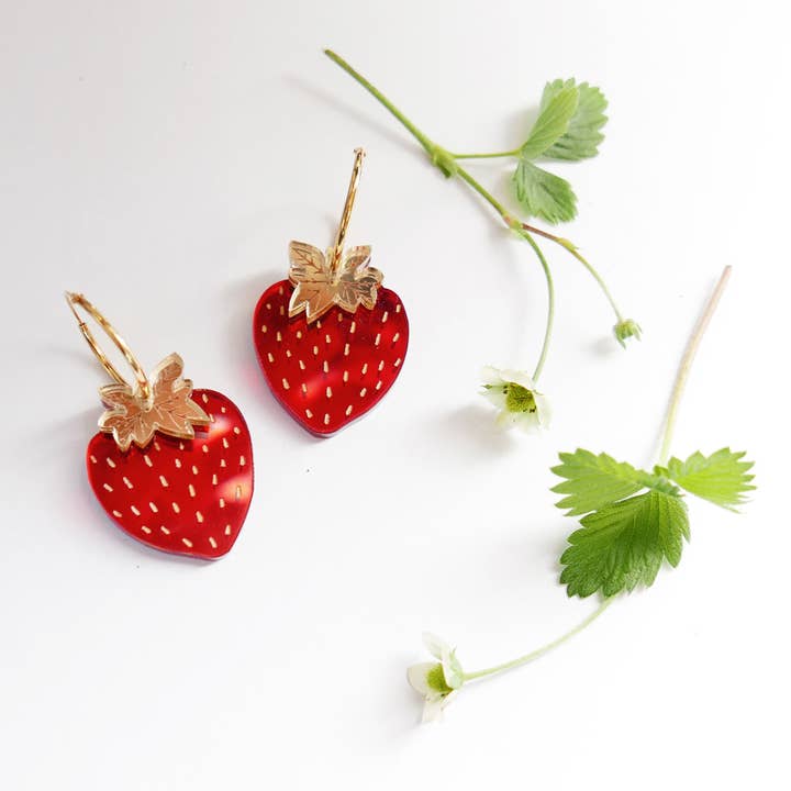 Gold hoop earrings. Strawberry. Large. Made in Italy. for wholesale by BiCA-Good Morning Design