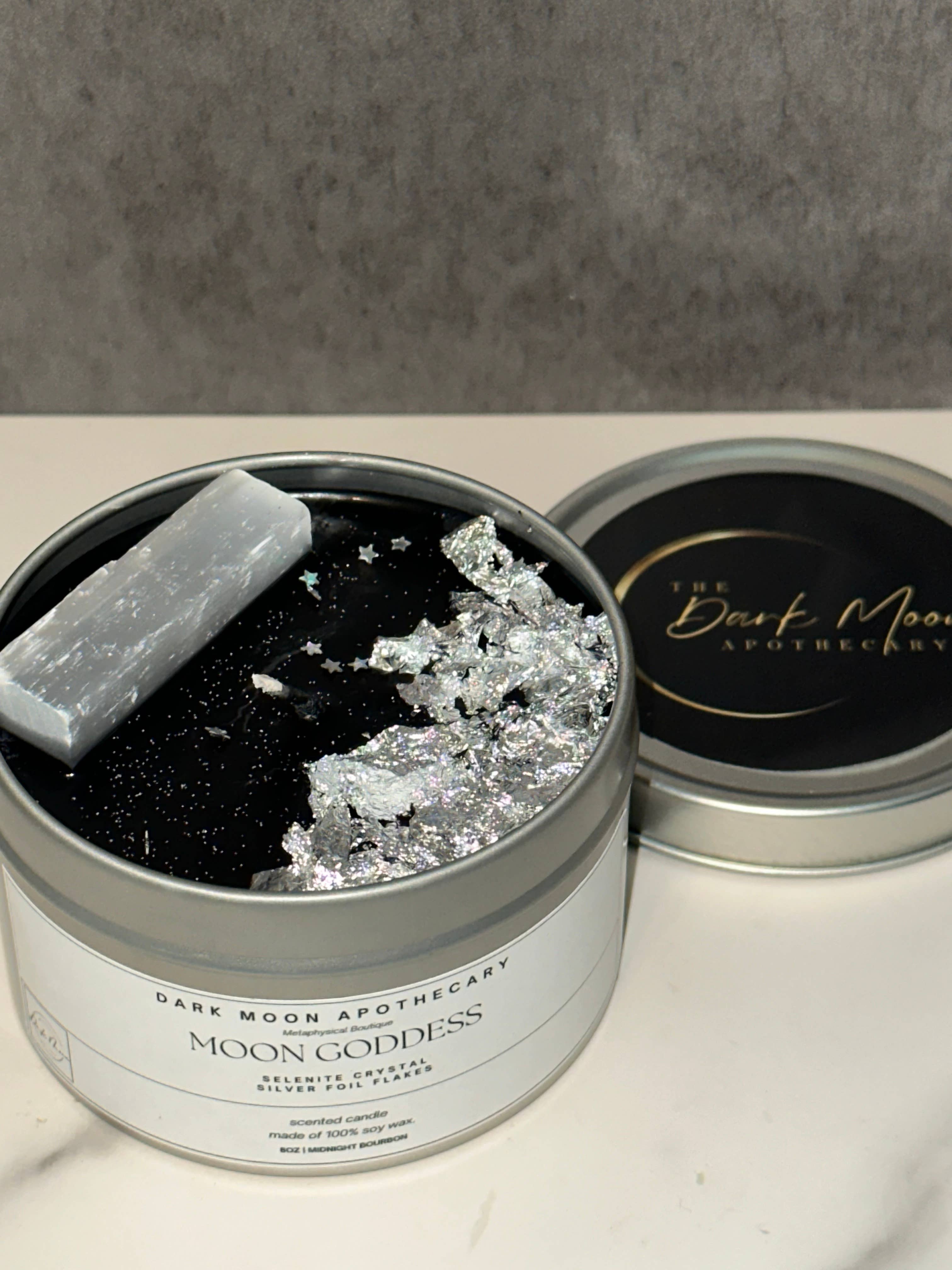 The Dark Moon Apothecary - Wholesale Travel Candles - Moon Goddess soy crystal candle w/ selenite.