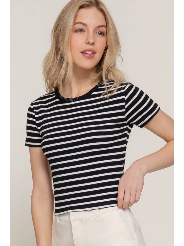 Active Basic | Active USA - Vendita all'ingrosso Top in maglia - Donna - Top a righe in cotone a costine con maniche corte e collo rotondo22