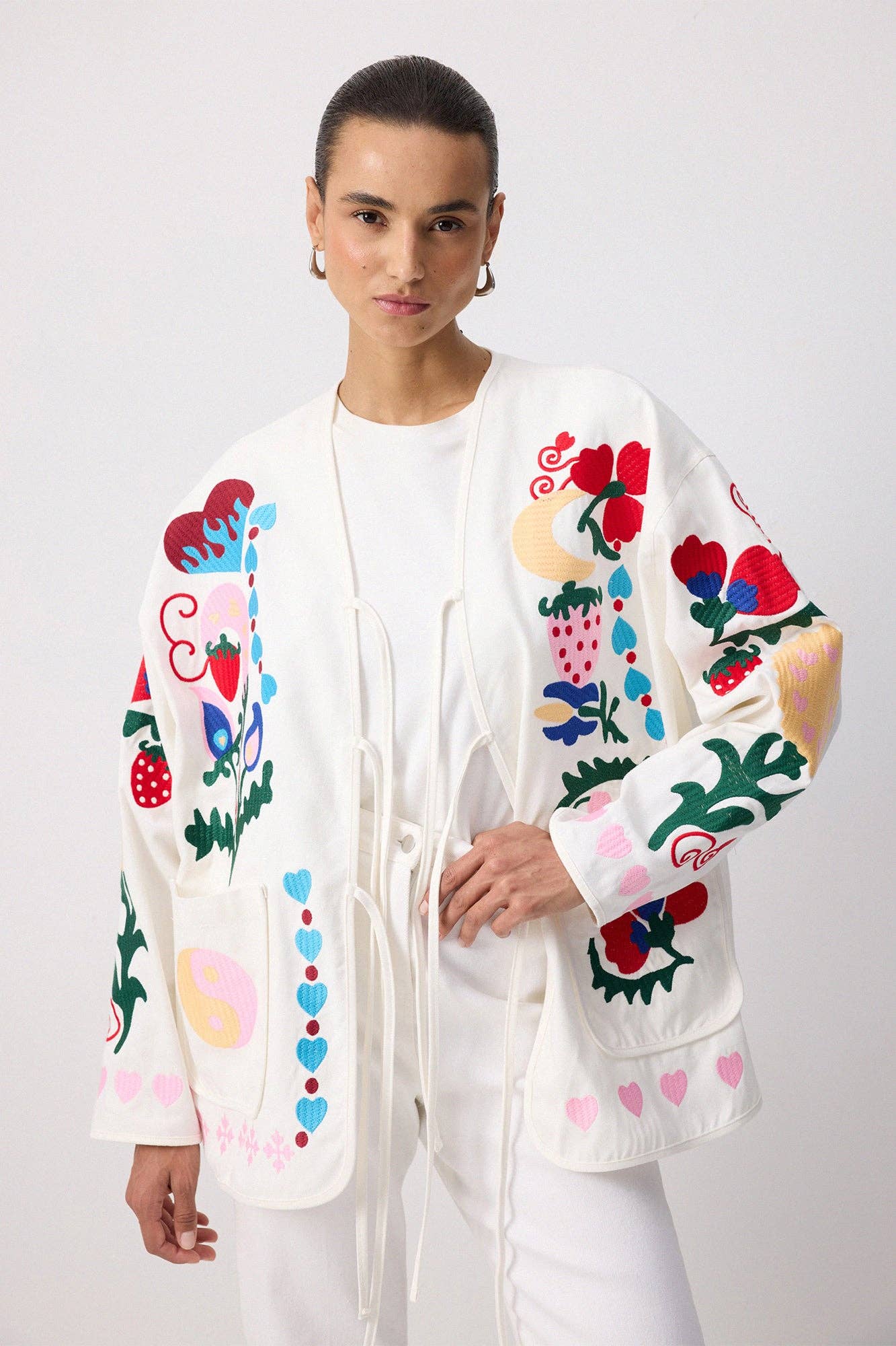 Ecru Whimsical Folk Embroidered Gabardine Jacket for wholesale on Faire7