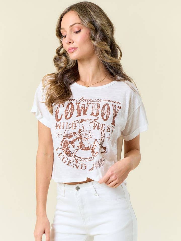 COWBOY GRAFISK TRYCK TEE T-SHIRT VÄSTERLÄNDSK CROP TOP för wholesale av Bestto