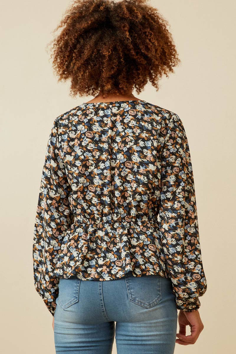 Black Womens Ditsy Floral Surplice Long Sleeve Chiffon Peplum for wholesale on Faire2