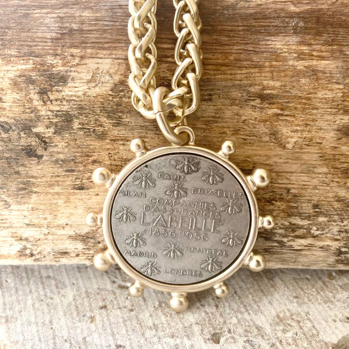 VB&CO Designs Handmade Jewelry - Wholesale Pendant/Charm Necklace - Matte gold horse French Bee coin necklace boutique