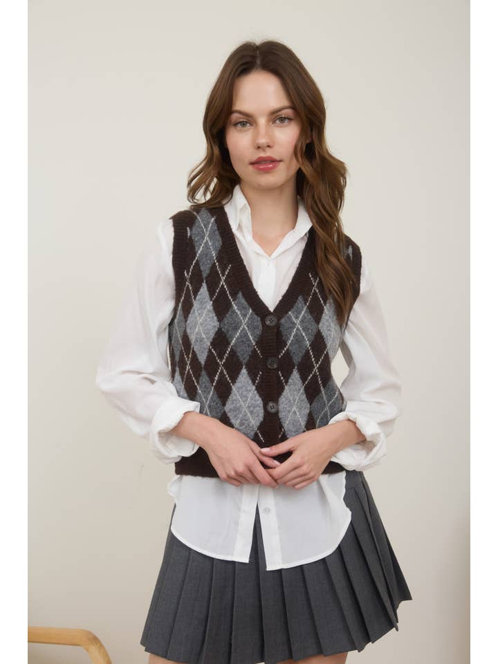 The Workshop Studio - Vente Veste sans manches – femme - GILET EN MAILLE À BOUTONS AVEC MOTIF ARGYLE7