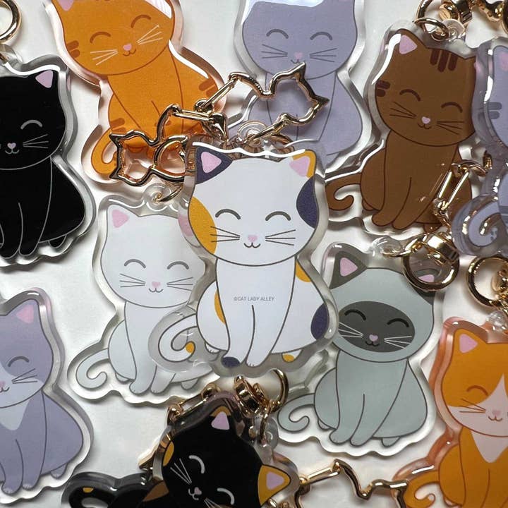 Calico Cat Acrylic Keychain Charm for wholesale by Cat Lady Alley