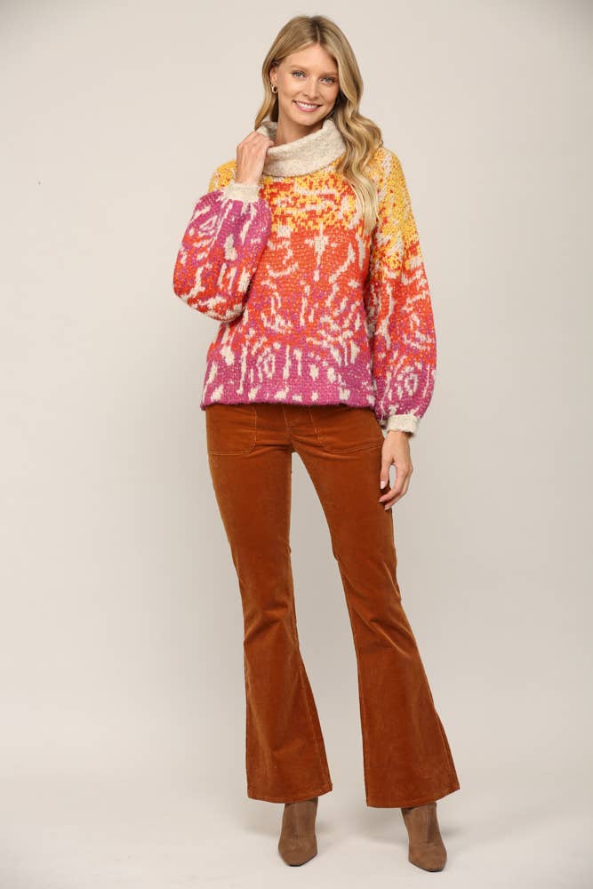 CREAM YELLOW ORANGE ABSTRACT PATTERN JACQUARD KNIT TURTLE NECK SWEATER FW9944 for wholesale on Faire6