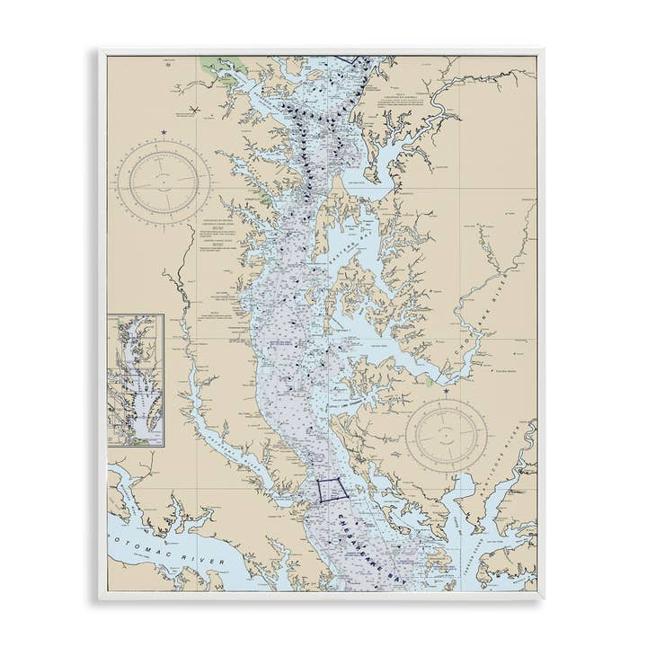 Carte côtière de la baie de Chesapeake du fleuve Potomac encadrée en bleu Giclée pour la vente par Stupell Industries