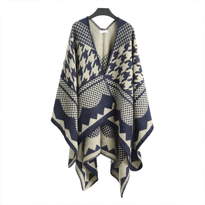 Winter Poncho blue and beige for wholesale by Emilie collection