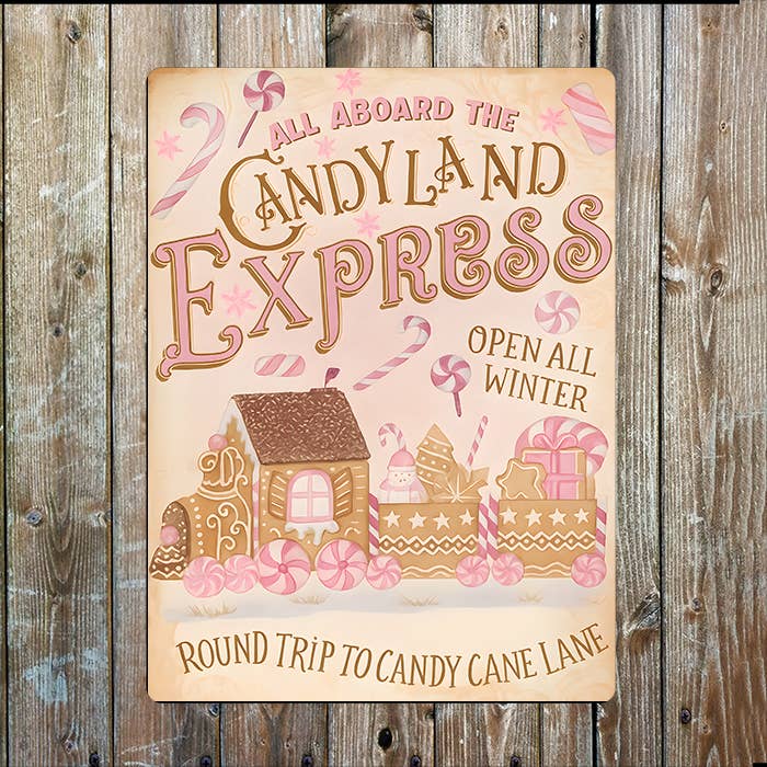 The British Metal Signs Company - Venta al por mayor Arte mural navideño - Cartel de Metal Decorativo de Navidad Candyland Express Candy Cane Lane1