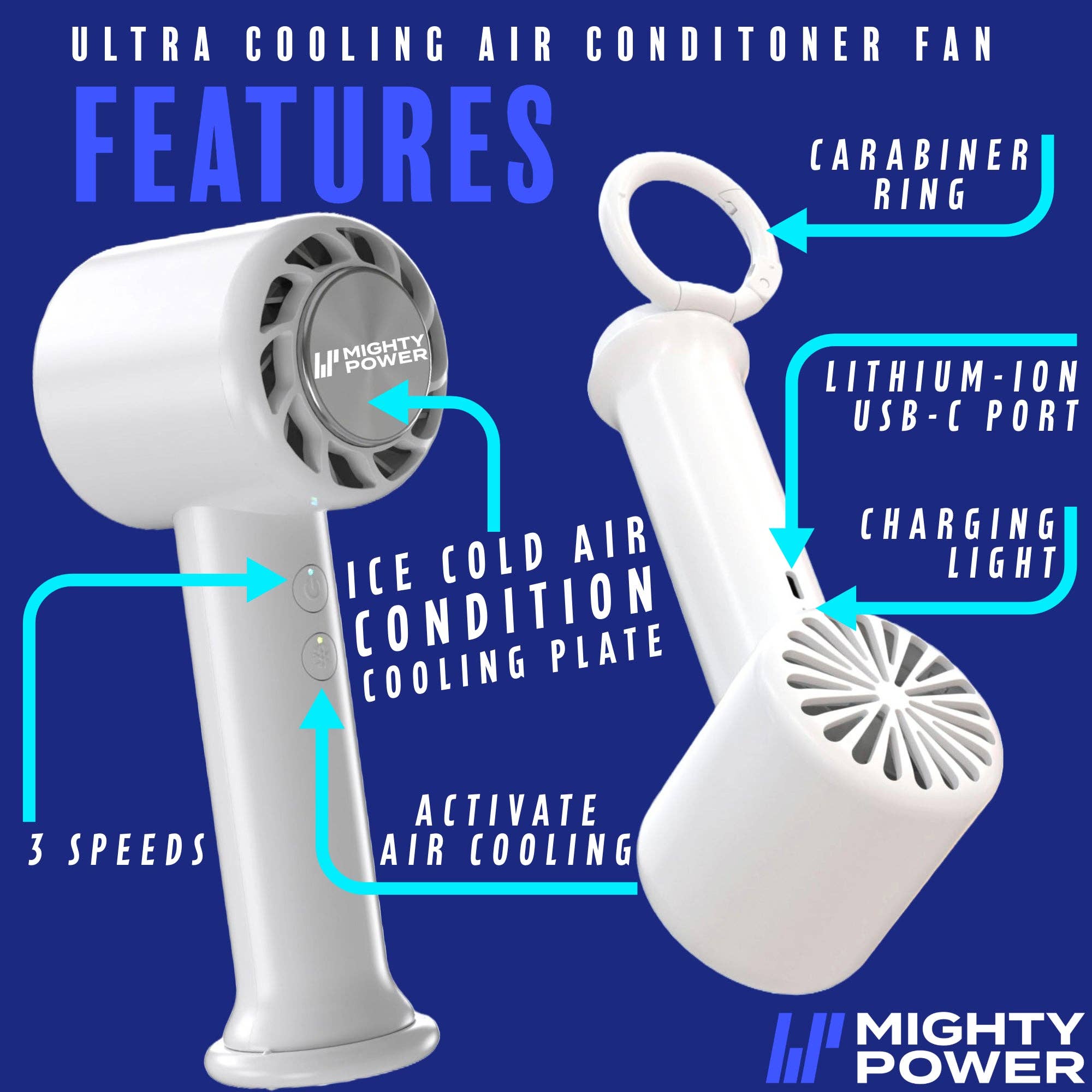 ShopBobbys - Wholesale Handheld Electric Fan - MIGHTY POWER Rechargeable AC Ultra Cooling Handheld Fan, White, 6.5 Inches1