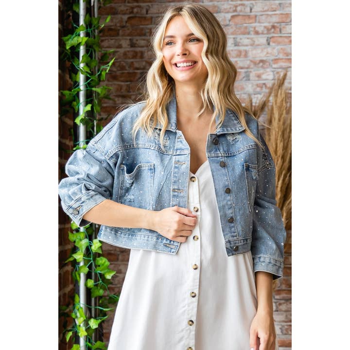 Med Wash Rhinestone Stud Cropped Puff Denim Jacket for wholesale on Faire