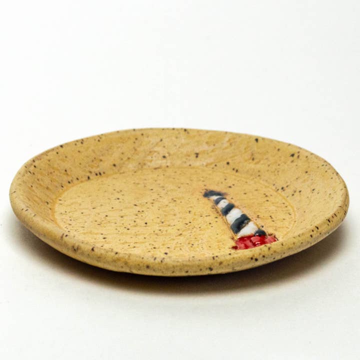 White Squirrel Clayworks - Wholesale Jewelry Dish - Lighthouse Pattern Ceramic Rd Trinket Dish Handmade in Ohio