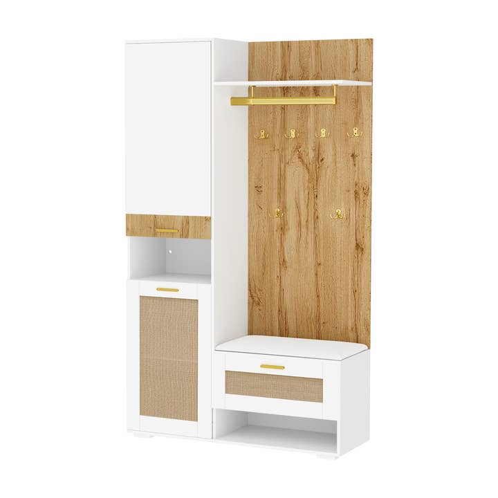 Witte garderobe bij de ingang met houteffect, spiegel, LED-verlichting en gouden haken ELEGANT SPHERE voor wholesale door Urban Meuble