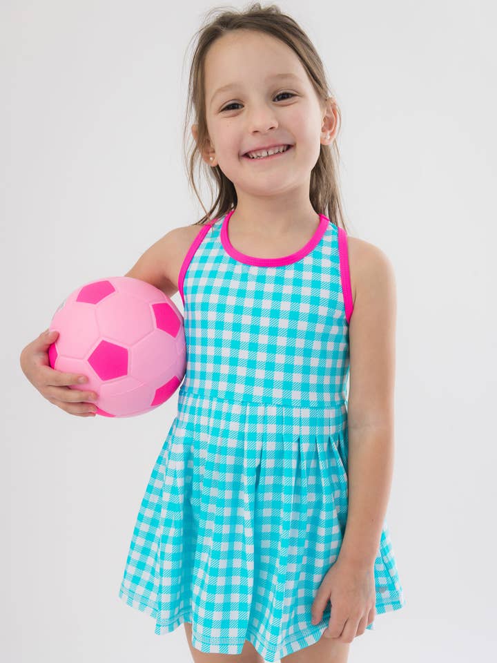 Meisjes Helder Aqua Gingham Geplooide Rok Actieve Jurk & Fietsbroek Set voor wholesale door RuffleButts + RuggedButts