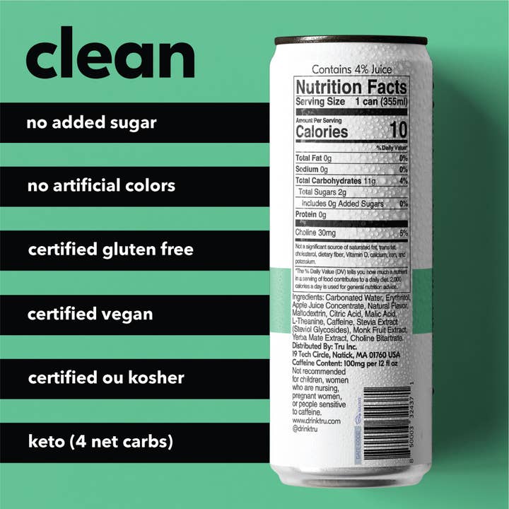 Tru - Wholesale Sparkling Water - Tru Focus Sparkling Drink, Apple Kiwi (Pack of 12)