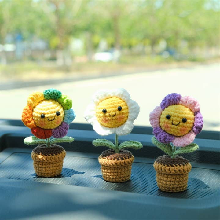 Anh2 LTD - Wholesale Car Decorative Charm - Unisex - Crochet Mini Smiley Sunflower Doll Potted Plant Car Ornament5