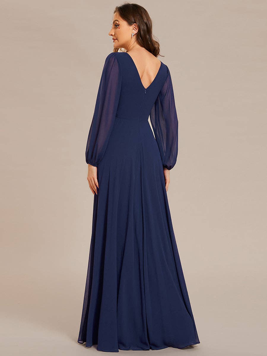 Ever-Pretty - Wholesale Gown - Women's - Elegant waisted chiffon V-neck Long Sleeve guest Dress14