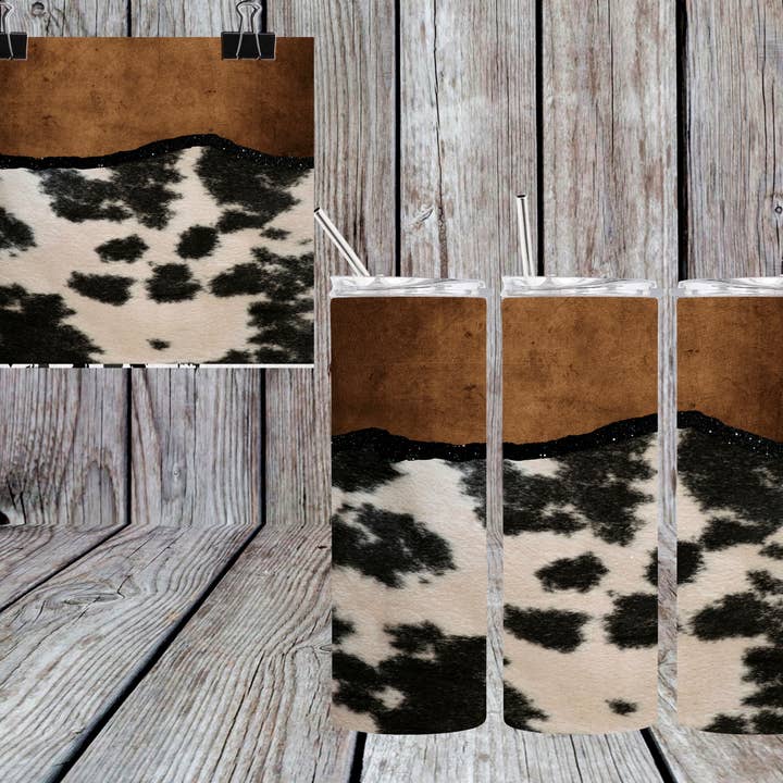 LEATHER TAN COW PRINT TUMBLER for wholesale by Bull Riders Mama & Co. Tumblers