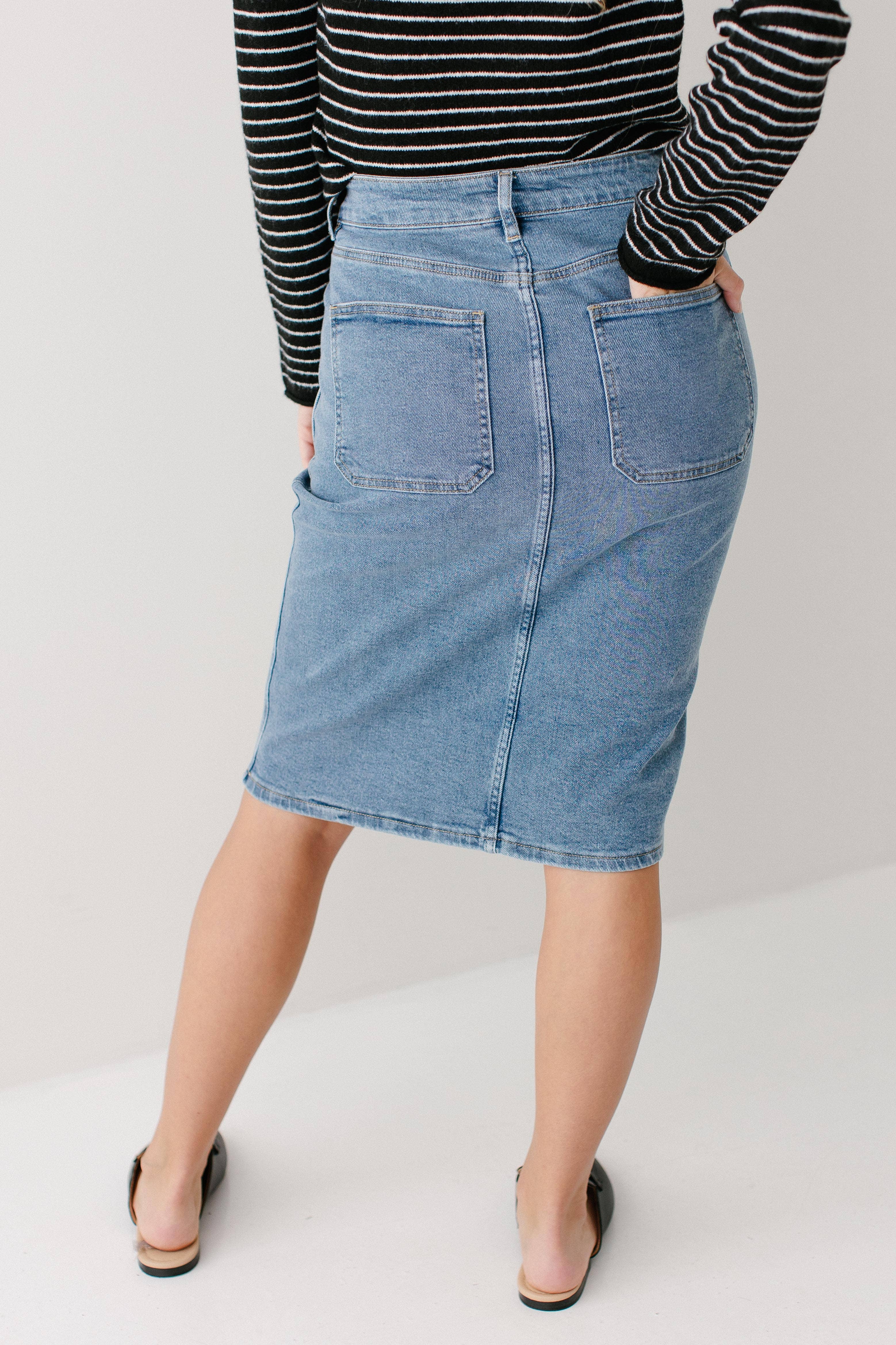 Vintage-Waschung 'Sonya' Jeansrock mit aufgesetzten Taschen und Stretch für den Großhandel auf Faire8