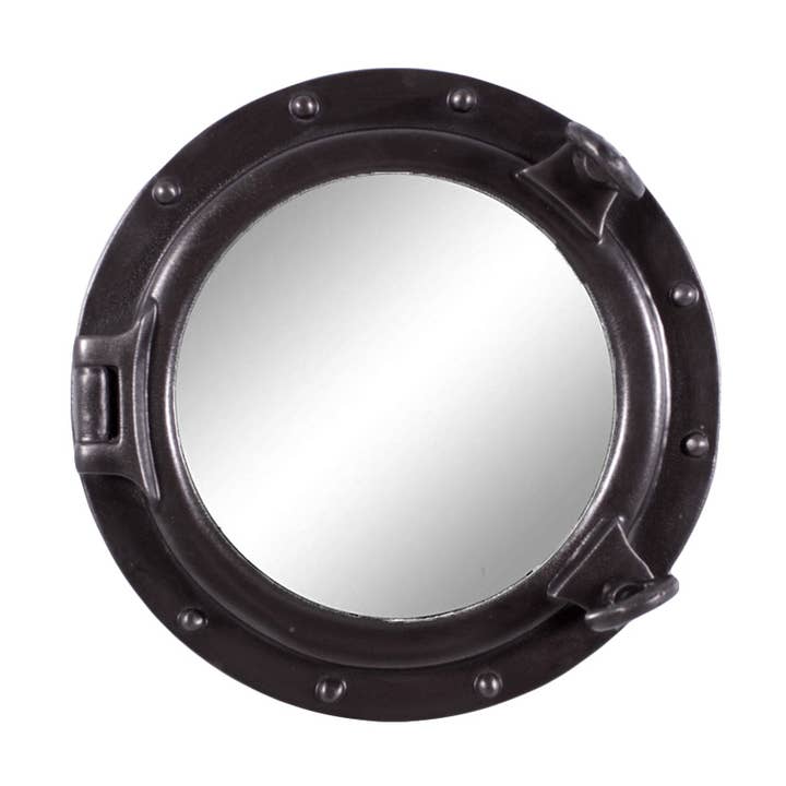 12" Dia. Set of 4 Porthole Mirrors Iron Finish Wall Mount for wholesale by Nautical Tropical Imports