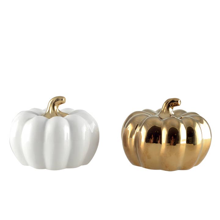 AULICA - Vendita all'ingrosso Statuette decorative - Zucca Decorativa Bianca e Dorata - Set di 2