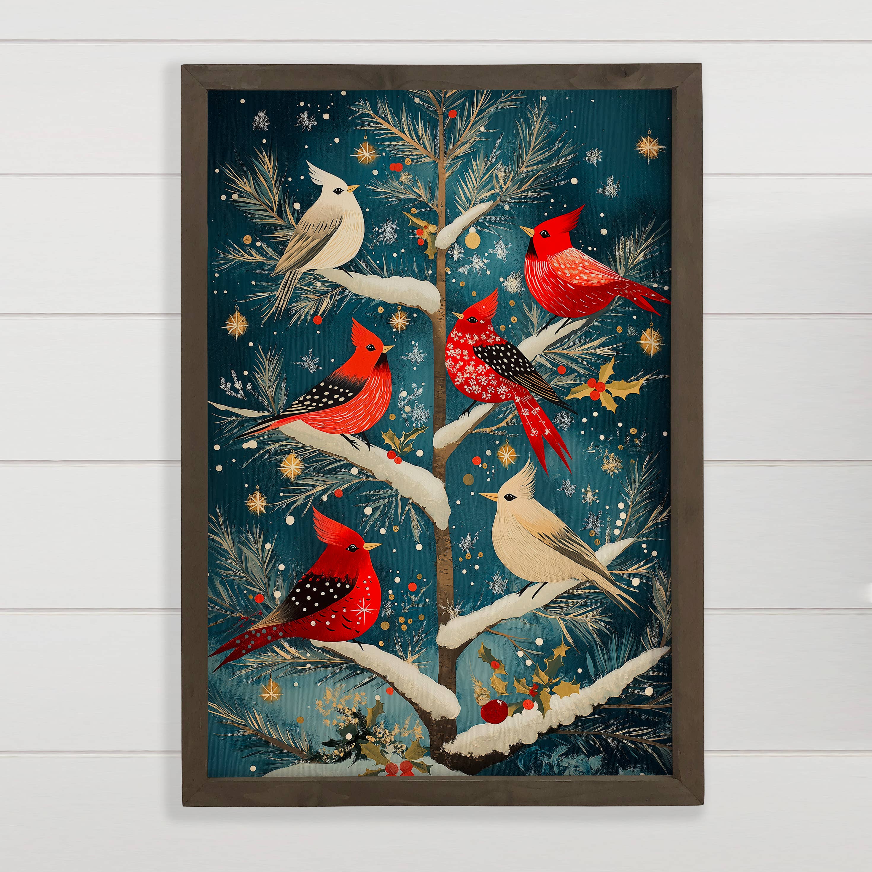 Hangout Home - Wholesale Art Print - Cardinals in Tree - Winter Birds Painting - Wood Framed Art4