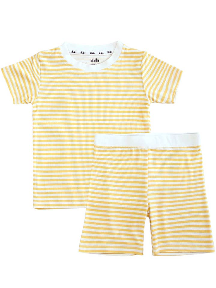 Lilulila - Wholesale Sleepwear Set - Kids - Conjunto de pijama de dos piezas de bambú con rayas amarillas cortas1