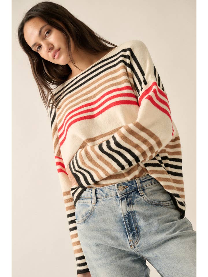 Promesa USA - Wholesale Knit Sweater - Women's - Multicolor Striped Knit Loose-Fit Boatneck Sweater