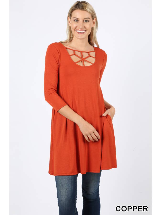42POPS - Wholesale Tunic - Women's - ",..3/4 Sleeve Criss Cross Detail Pocket Tunic4