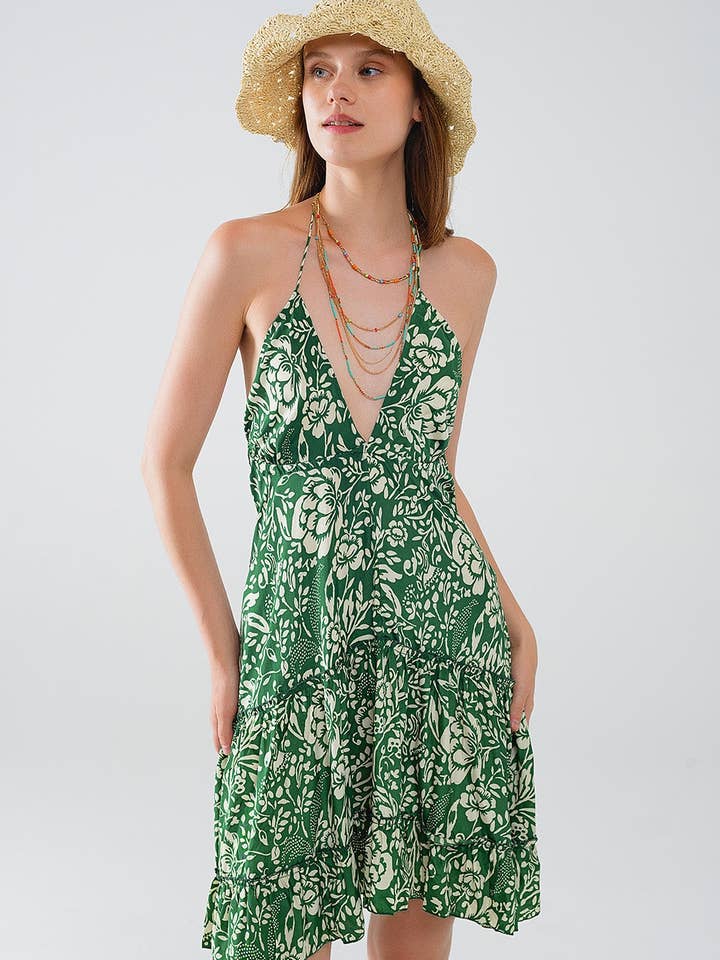 Vert Robe courte style bohème en satin avec imprimé floral en vente sur Faire4