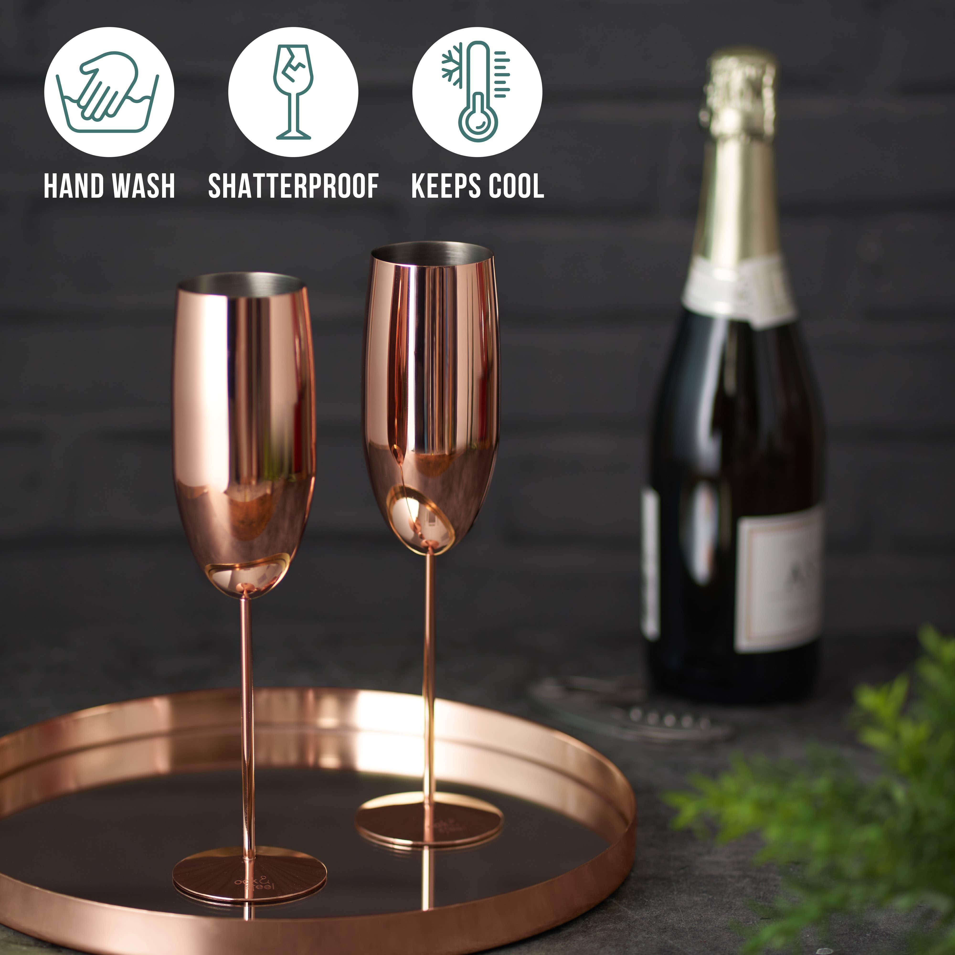 Oak & Steel - Wholesale Champagne Flute - 2 Stainless Steel Rose Gold Champagne Flutes (280ml)3