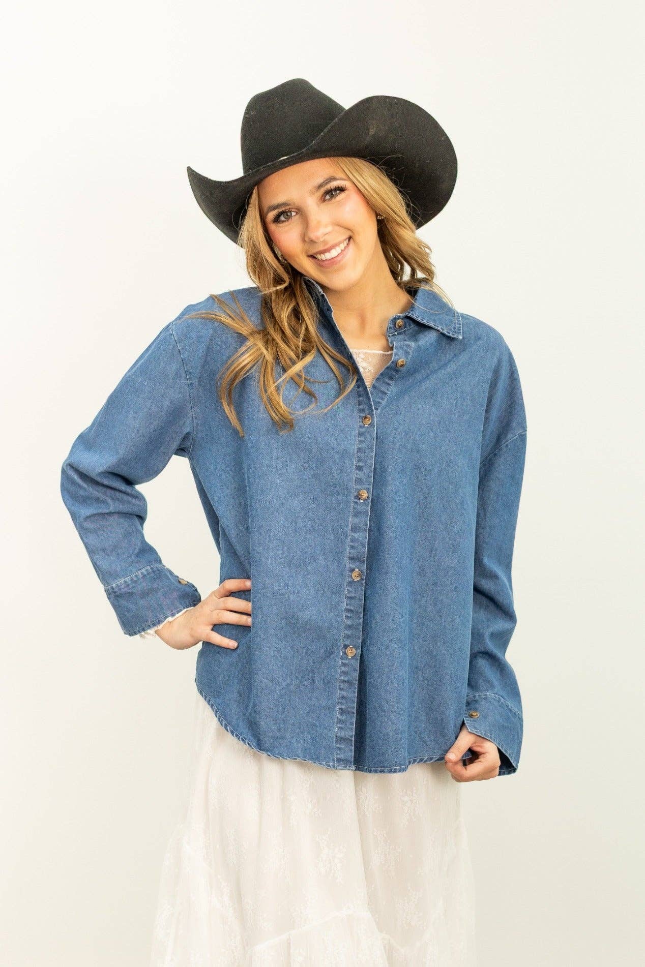 Blue Kathryn Classic Button-Up, Chambray for wholesale on Faire0