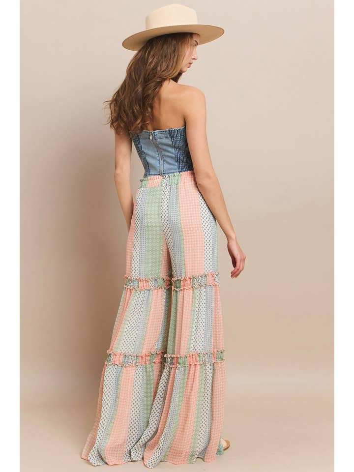 MULTI PANTALONI PALAZZO A STRATI IN CHIFFON CON STAMPA MULTIPLA 2373PE in vendita all'ingrosso su Faire