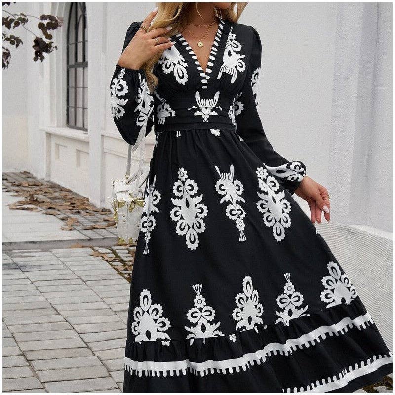 FurDecoration - Vente Robe – femme - Robe élégante à manches longues et col en V imprimé1